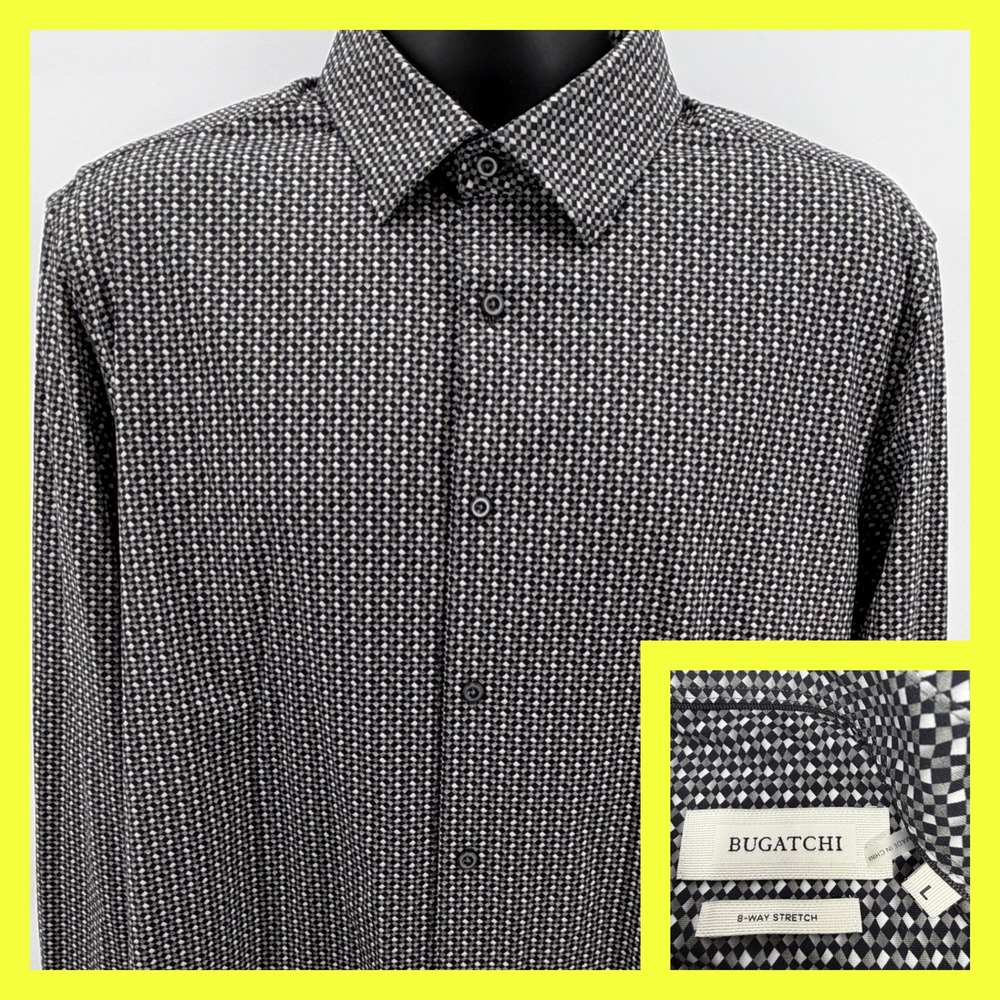 Bugatchi Uomo Shirt Mens Large Black White Diamond Geometric 8-Way Stretch L/S